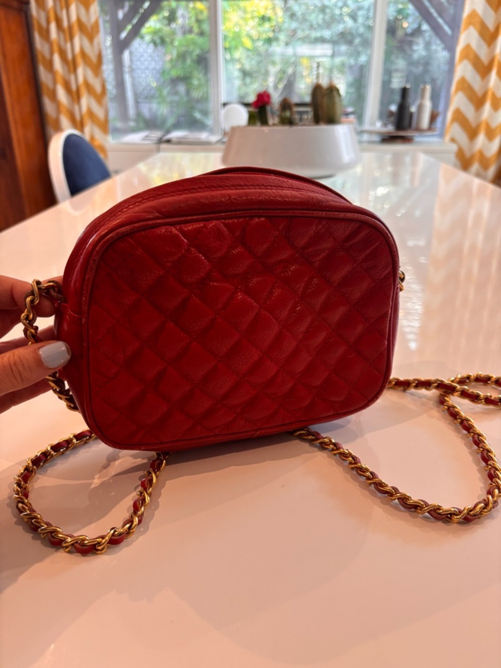 Red Quilted Genuine Leather Crossbody Bag with Gold Chain Strap Vintage Inported